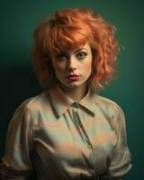 a woman with red hair and an orange shirt generative ai photo