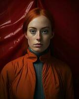 a woman with red hair and an orange jacket generative ai photo