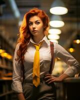 un mujer con rojo pelo y un amarillo Corbata en pie en un biblioteca generativo ai foto