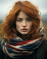 a woman with red hair and an union jack scarf generative ai photo