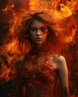 un mujer con rojo pelo y fuego en su cara generativo ai foto