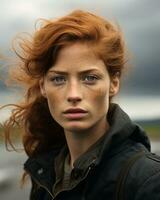 a woman with red hair and freckles standing in front of the ocean generative ai photo