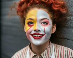 un mujer con rojo pelo y payaso cara pintar generativo ai foto