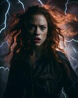 a woman with red hair and lightning in the background generative ai photo