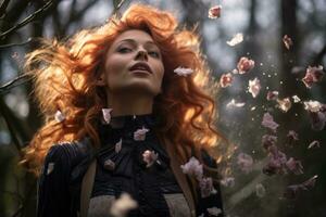 a woman with red hair and flowers in her hair generative ai photo