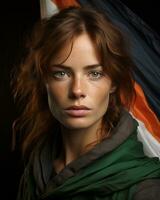 a woman with red hair and green eyes holding an american flag generative ai photo
