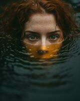 un mujer con rojo pelo y verde ojos en el agua generativo ai foto