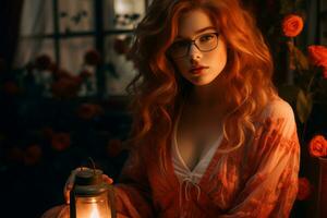 a woman with red hair and glasses holding a lantern generative ai photo