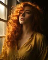 a woman with red hair and long curly hair standing in front of a window generative ai photo