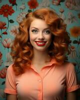 un mujer con rojo pelo y rojo lápiz labial posando en frente de floral fondo de pantalla generativo ai foto