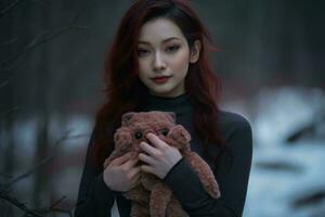 un mujer con rojo pelo participación un osito de peluche oso generativo ai foto