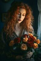 a woman with red hair holding flowers generative ai photo