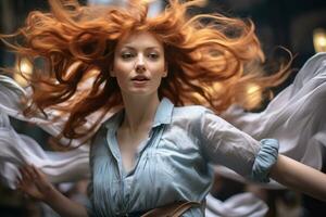un mujer con rojo pelo volador en el aire generativo ai foto