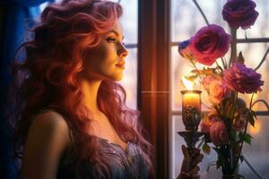 a woman with red hair holding a candle in front of a window generative ai photo