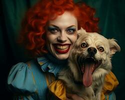 a woman with red hair holding a dog generative ai photo