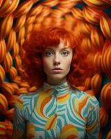un mujer con rojo pelo en un vistoso modelo generativo ai foto