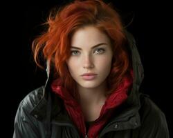 a woman with red hair in a black jacket generative ai photo