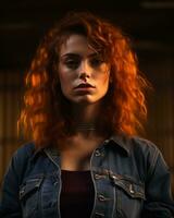 a woman with red hair in a denim jacket generative ai photo