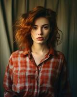 a woman with red hair in a checkered shirt generative ai photo