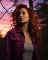 a woman with red hair in a plaid shirt standing in the woods at sunset generative ai photo