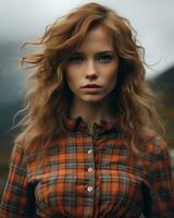 a woman with red hair in a plaid shirt generative ai photo