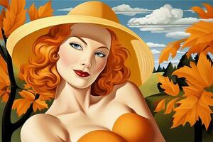 un mujer con rojo pelo en un amarillo sombrero generativo ai foto