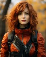 a woman with red hair in an orange jacket generative ai photo