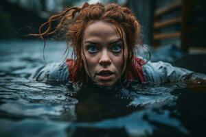 un mujer con rojo pelo en el agua generativo ai foto