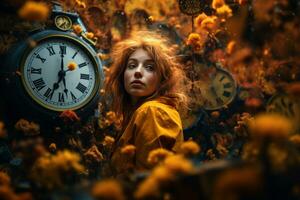 a woman with red hair in front of a bunch of clocks generative ai photo