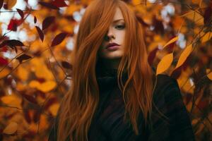un mujer con rojo pelo en otoño hojas generativo ai foto