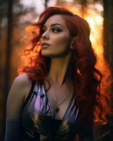 un mujer con rojo pelo en el bosque generativo ai foto