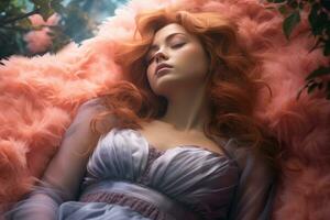 a woman with red hair is laying down on a pink fur generative ai photo