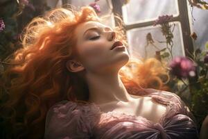 a woman with red hair is laying down in a field of flowers generative ai photo