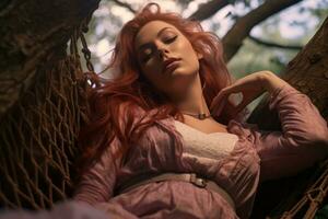 a woman with red hair is laying in a hammock generative ai photo