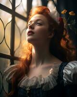 a woman with red hair is looking out of a window generative ai photo