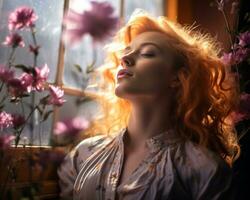 un mujer con rojo pelo es mirando fuera de un ventana con flores en frente de su generativo ai foto