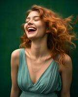 a woman with red hair laughing in front of a green background generative ai photo