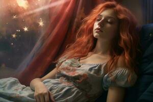 a woman with red hair laying on a couch with stars in the background generative ai photo