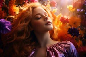 a woman with red hair is surrounded by flowers generative ai photo
