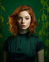 un mujer con rojo pelo posando en frente de verde plantas generativo ai foto