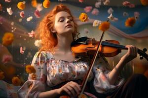 a woman with red hair playing the violin in a field of flowers generative ai photo