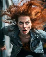 a woman with red hair running through the city generative ai photo