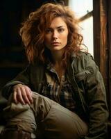 a woman with red hair sitting in an old building generative ai photo