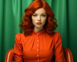 a woman with red hair sitting in an orange chair generative ai photo