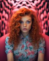 a woman with red hair sitting in a pink chair generative ai photo