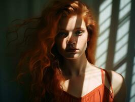 un mujer con rojo pelo posando en frente de un ventana generativo ai foto