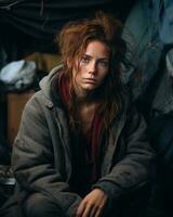 a woman with red hair sitting in a tent generative ai photo