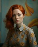 a woman with red hair sitting in front of a painting generative ai photo