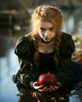 a woman with red hair sitting in the water holding a red apple generative ai photo