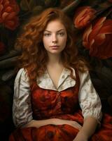 a woman with red hair sitting in front of a floral background generative ai photo